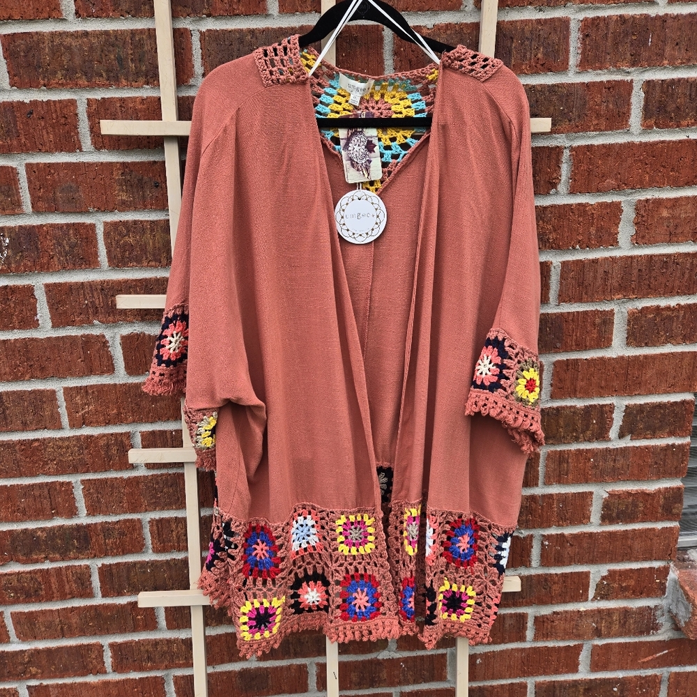 NEW Umgee Boutique Rust Crochet Kimono Cardigan Sz 1XL